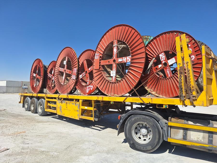 Cable reels loaded for transport