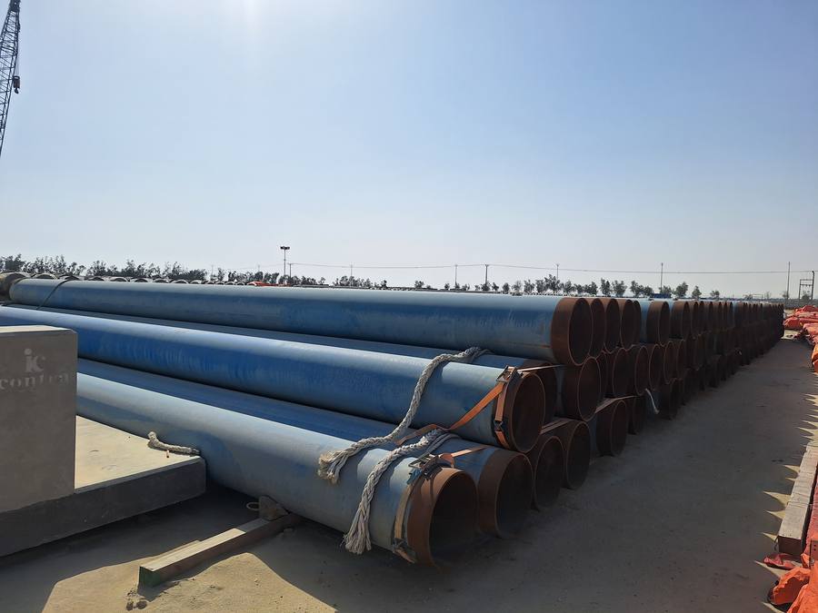 Stacked steel pipes at our yard